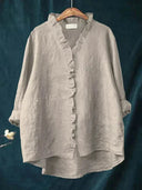 Women's Solid Ruffle Trim Blouse – V Neck Long Sleeve Casual Everyday Button Top