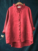 Women's Solid Ruffle Trim Blouse – V Neck Long Sleeve Casual Everyday Button Top
