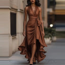 Women's Solid Satin Maxi Dress – Halter V-Neck Tie Waist Asymmetric Ruffle Formal