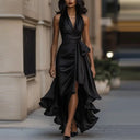Women's Solid Satin Maxi Dress – Halter V-Neck Tie Waist Asymmetric Ruffle Formal