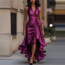 Women's Solid Satin Maxi Dress – Halter V-Neck Tie Waist Asymmetric Ruffle Formal
