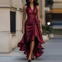 Women's Solid Satin Maxi Dress – Halter V-Neck Tie Waist Asymmetric Ruffle Formal