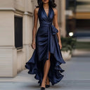 Women's Solid Satin Maxi Dress – Halter V-Neck Tie Waist Asymmetric Ruffle Formal