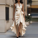 Women's Solid Satin Maxi Dress – Halter V-Neck Tie Waist Asymmetric Ruffle Formal