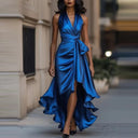 Women's Solid Satin Maxi Dress – Halter V-Neck Tie Waist Asymmetric Ruffle Formal