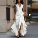 Women's Solid Satin Maxi Dress – Halter V-Neck Tie Waist Asymmetric Ruffle Formal