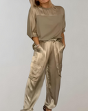 Women's Solid Satin Two-Piece Set – Short Sleeve Top Cargo Jogger Pants Casual
