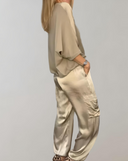 Women's Solid Satin Two-Piece Set – Short Sleeve Top Cargo Jogger Pants Casual