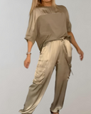 Women's Solid Satin Two-Piece Set – Short Sleeve Top Cargo Jogger Pants Casual