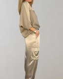 Women's Solid Satin Two-Piece Set – Short Sleeve Top Cargo Jogger Pants Casual