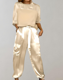 Women's Solid Satin Two-Piece Set – Short Sleeve Top Cargo Jogger Pants Casual