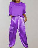 Women's Solid Satin Two-Piece Set – Short Sleeve Top Cargo Jogger Pants Casual