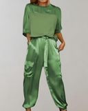 Women's Solid Satin Two-Piece Set – Short Sleeve Top Cargo Jogger Pants Casual