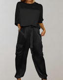 Women's Solid Satin Two-Piece Set – Short Sleeve Top Cargo Jogger Pants Casual