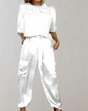Women's Solid Satin Two-Piece Set – Short Sleeve Top Cargo Jogger Pants Casual