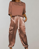 Women's Solid Satin Two-Piece Set – Short Sleeve Top Cargo Jogger Pants Casual