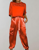 Women's Solid Satin Two-Piece Set – Short Sleeve Top Cargo Jogger Pants Casual