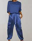 Women's Solid Satin Two-Piece Set – Short Sleeve Top Cargo Jogger Pants Casual