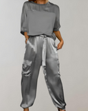 Women's Solid Satin Two-Piece Set – Short Sleeve Top Cargo Jogger Pants Casual