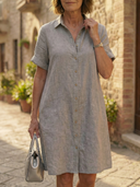 Women's Solid Shirt Dress – Collared Button Front Short Sleeve Knee Length Casual