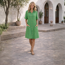 Women's Solid Shirt Dress – Point Collar Button Front Short Sleeve Knee Length