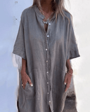Women's Solid Shirt Dress – V Neck Button Down Half Sleeve Midi Pocket Casual Dress