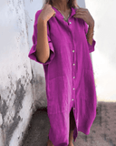 Women's Solid Shirt Dress – V Neck Button Down Half Sleeve Midi Pocket Casual Dress