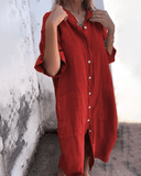 Women's Solid Shirt Dress – V Neck Button Down Half Sleeve Midi Pocket Casual Dress
