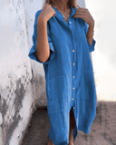 Women's Solid Shirt Dress – V Neck Button Down Half Sleeve Midi Pocket Casual Dress