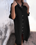 Women's Solid Shirt Dress – V Neck Button Down Half Sleeve Midi Pocket Casual Dress