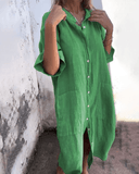 Women's Solid Shirt Dress – V Neck Button Down Half Sleeve Midi Pocket Casual Dress