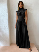 Women's Solid Sleeveless Maxi Dress – Mock Neck Cut Out Waist Gathered Formal Gown