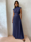 Women's Solid Sleeveless Maxi Dress – Mock Neck Cut Out Waist Gathered Formal Gown