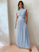 Women's Solid Sleeveless Maxi Dress – Mock Neck Cut Out Waist Gathered Formal Gown