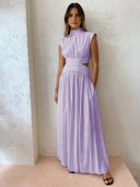 Women's Solid Sleeveless Maxi Dress – Mock Neck Cut Out Waist Gathered Formal Gown