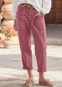 Women's Solid Tapered Trousers – Button Front Mid Rise Patch Pocket Rolled Cuff