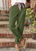 Women's Solid Tapered Trousers – Button Front Mid Rise Patch Pocket Rolled Cuff