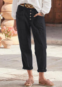 Women's Solid Tapered Trousers – Button Front Mid Rise Patch Pocket Rolled Cuff