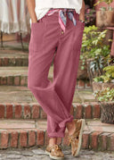 Women's Solid Tapered Trousers – Button Front Mid Rise Patch Pocket Rolled Cuff