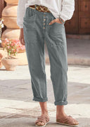 Women's Solid Tapered Trousers – Button Front Mid Rise Patch Pocket Rolled Cuff