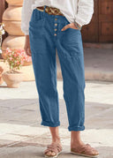 Women's Solid Tapered Trousers – Button Front Mid Rise Patch Pocket Rolled Cuff