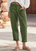 Women's Solid Tapered Trousers – Button Front Mid Rise Patch Pocket Rolled Cuff
