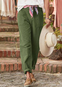 Women's Solid Tapered Trousers – Button Front Mid Rise Patch Pocket Rolled Cuff