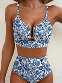 Women's Solid Textured Bikini Set – U-Wire Cutout Crop Top High Waist Bottoms