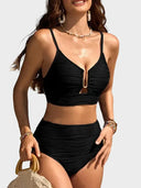 Women's Solid Textured Bikini Set – U-Wire Cutout Crop Top High Waist Bottoms