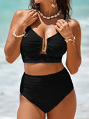 Women's Solid Textured Bikini Set – U-Wire Cutout Crop Top High Waist Bottoms