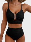 Women's Solid Textured Bikini Set – U-Wire Cutout Crop Top High Waist Bottoms