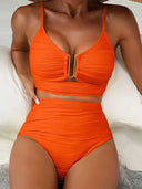 Women's Solid Textured Bikini Set – U-Wire Cutout Crop Top High Waist Bottoms