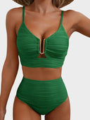 Women's Solid Textured Bikini Set – U-Wire Cutout Crop Top High Waist Bottoms