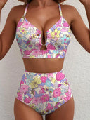 Women's Solid Textured Bikini Set – U-Wire Cutout Crop Top High Waist Bottoms